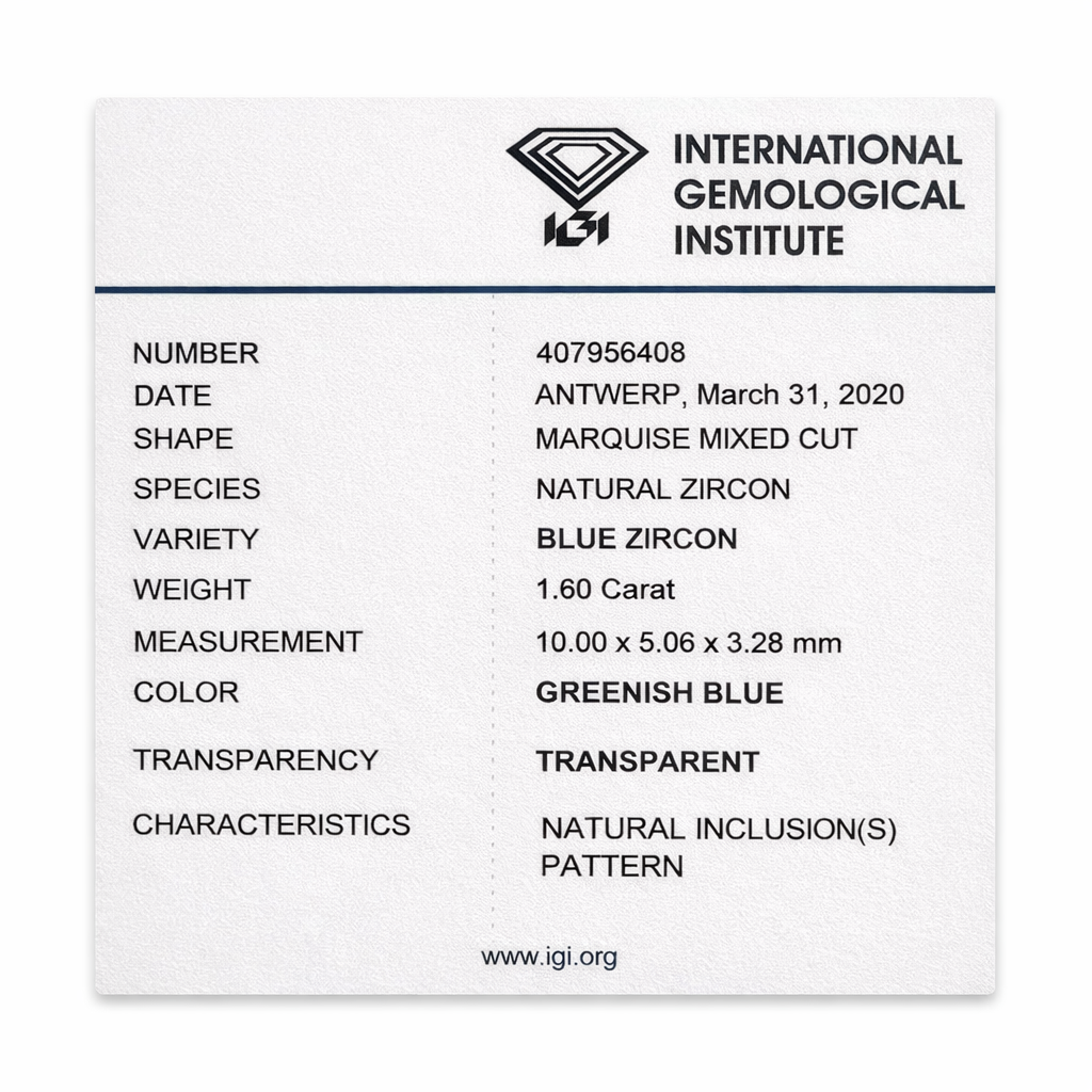 Natürlicher Zirkon - 1,60 ct | Navette facettiert | Grünlich-Blau