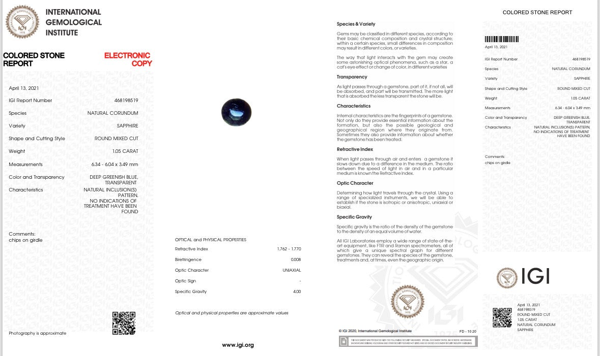 Natürlicher Saphir - 1,05 ct | Round Mixed Cut | Tief Grünlich-Blau