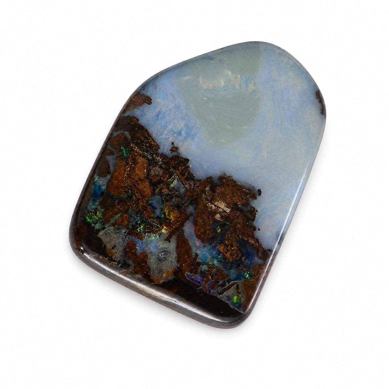 Natürlicher Boulder-Opal – 11,02 ct | Fantasieschliff | Hellblau-Grau mit brauner Matrix und grün-blauen Opalreflexen