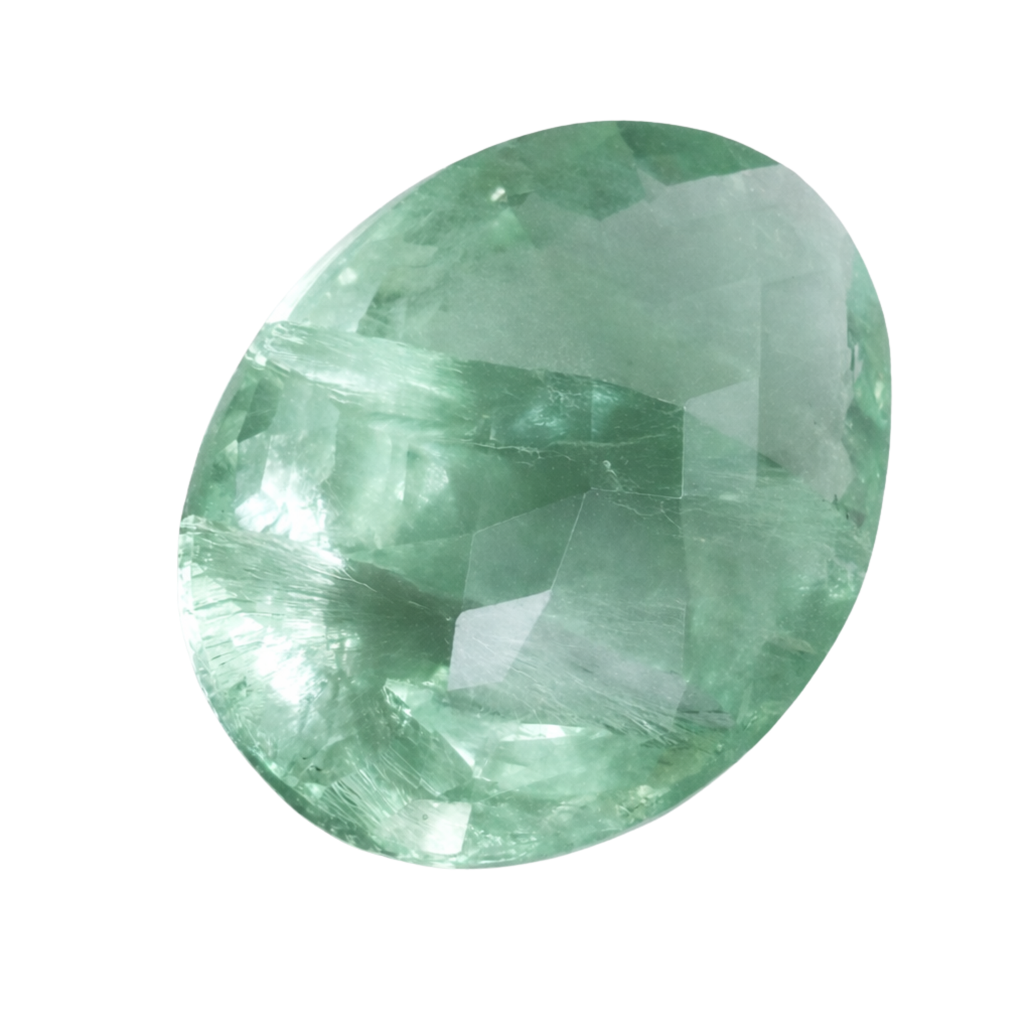 Natürlicher Fluorit hellgrünt, oval doppelt gewölbt facettiert, 110 ct, schöner Stein für Schmuck, zweite Produktansicht.