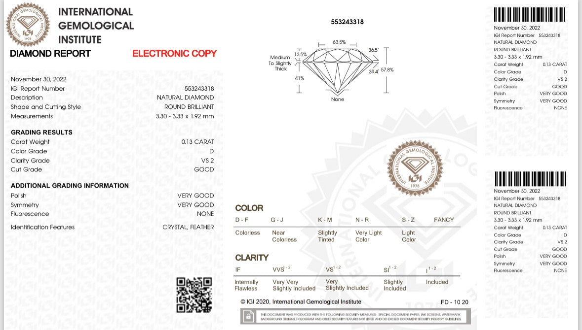 Natürlicher Diamant – 0,13 ct | Round Brillant | Farbe D | VS2