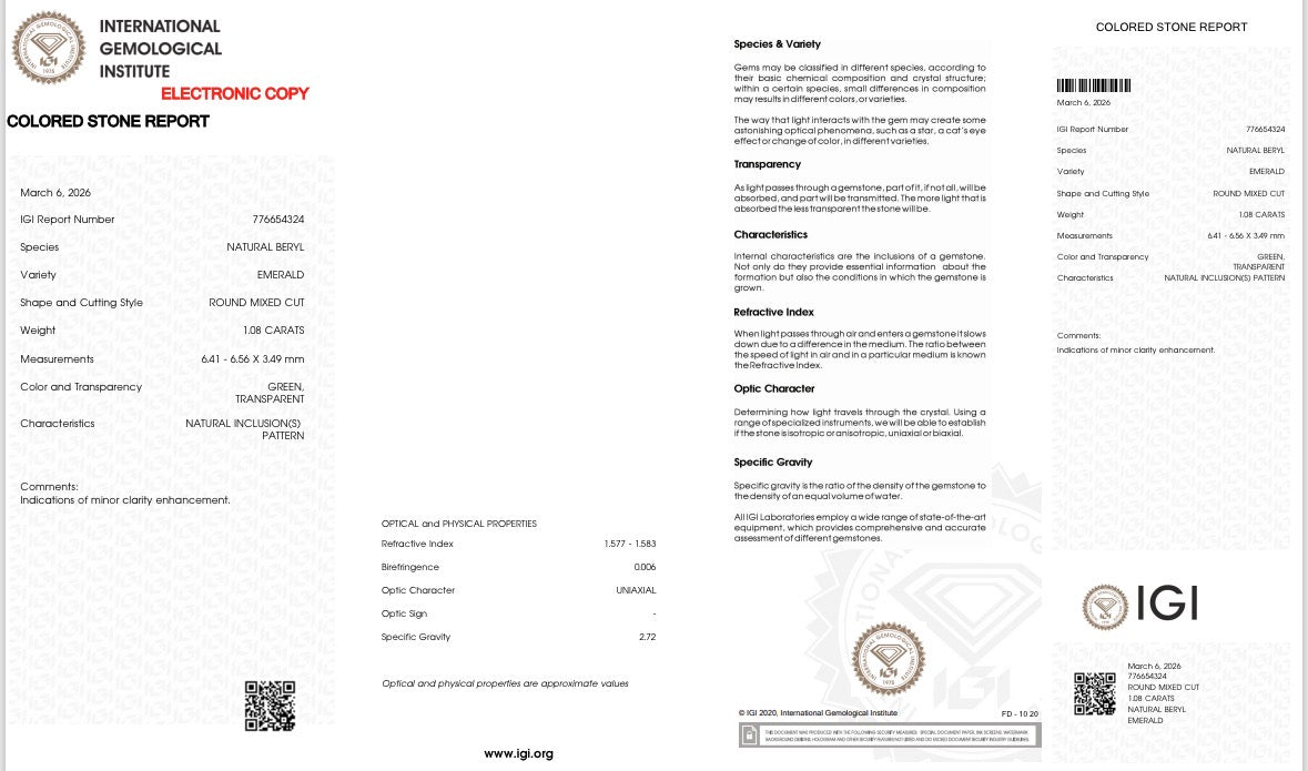 Natürlicher Smaragd – 1,08 ct | Round Mixed Cut | Grün