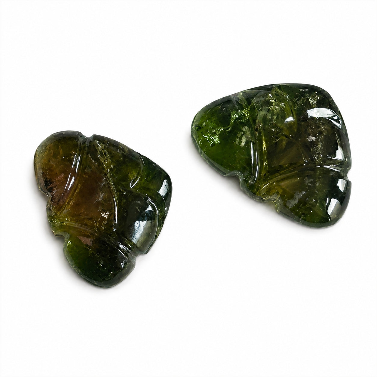 Natürlicher Turmalin – Paar | 10,39 ct gesamt | Blattform, graviert | Wassermelonen-Turmalin grün-hellrot
