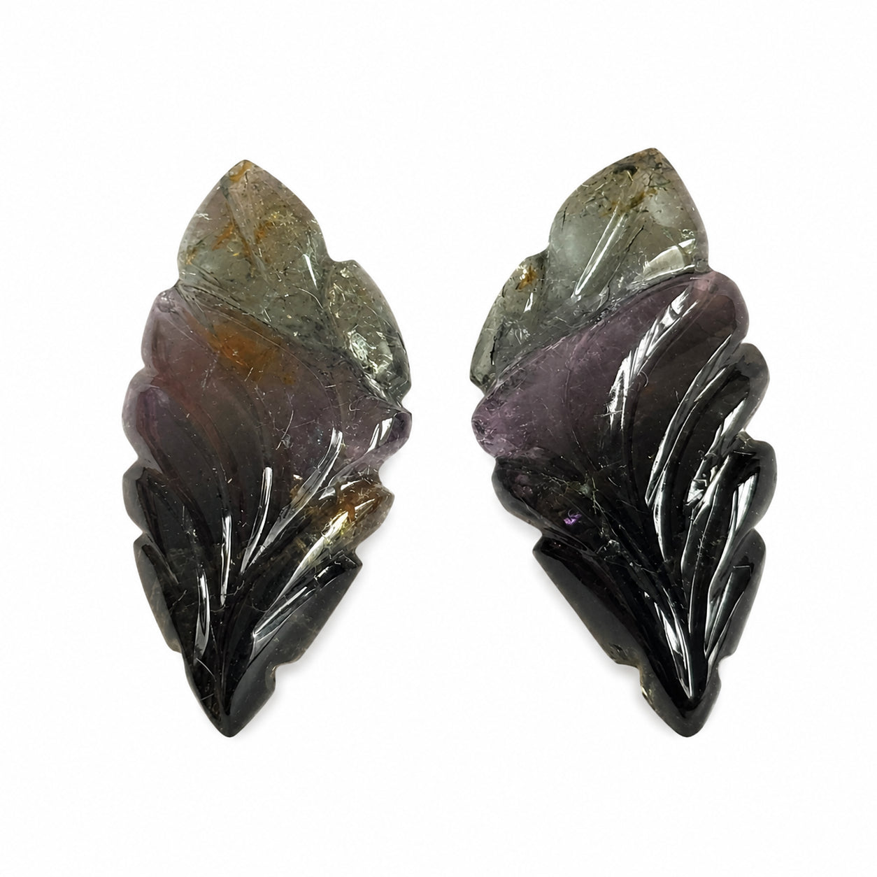 Natürliches Turmalin - Paar | 8,96 ct gesamt | Blattform, geschnitzt | Grün-Anthrazit-Violett