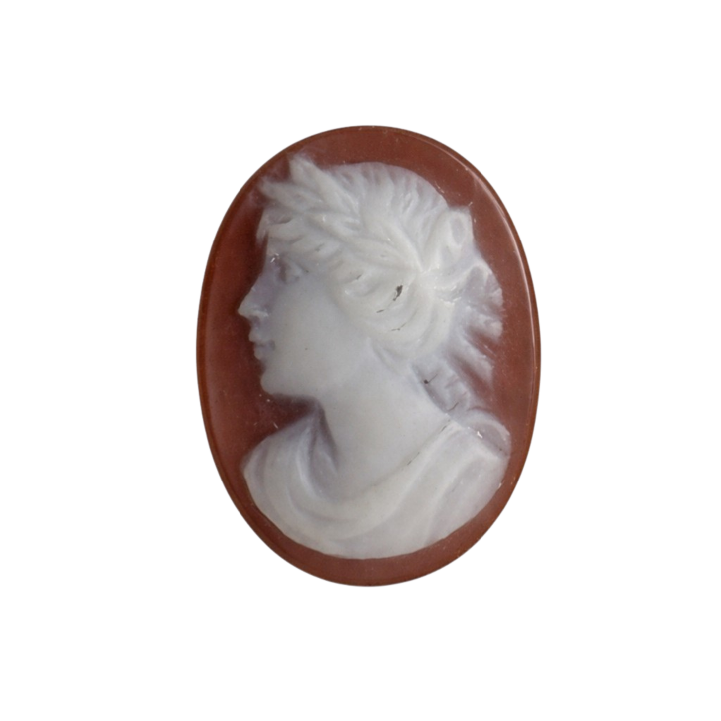 Achat-Gemme hellbrauner Grund mit weißem Relief, oval, als kunstvoll gearbeiteter Schmuckstein mit graviertem Motiv 'Frauenprofil', 13x9 mm, für Sammler und Liebhaber besonderer Edelsteine.