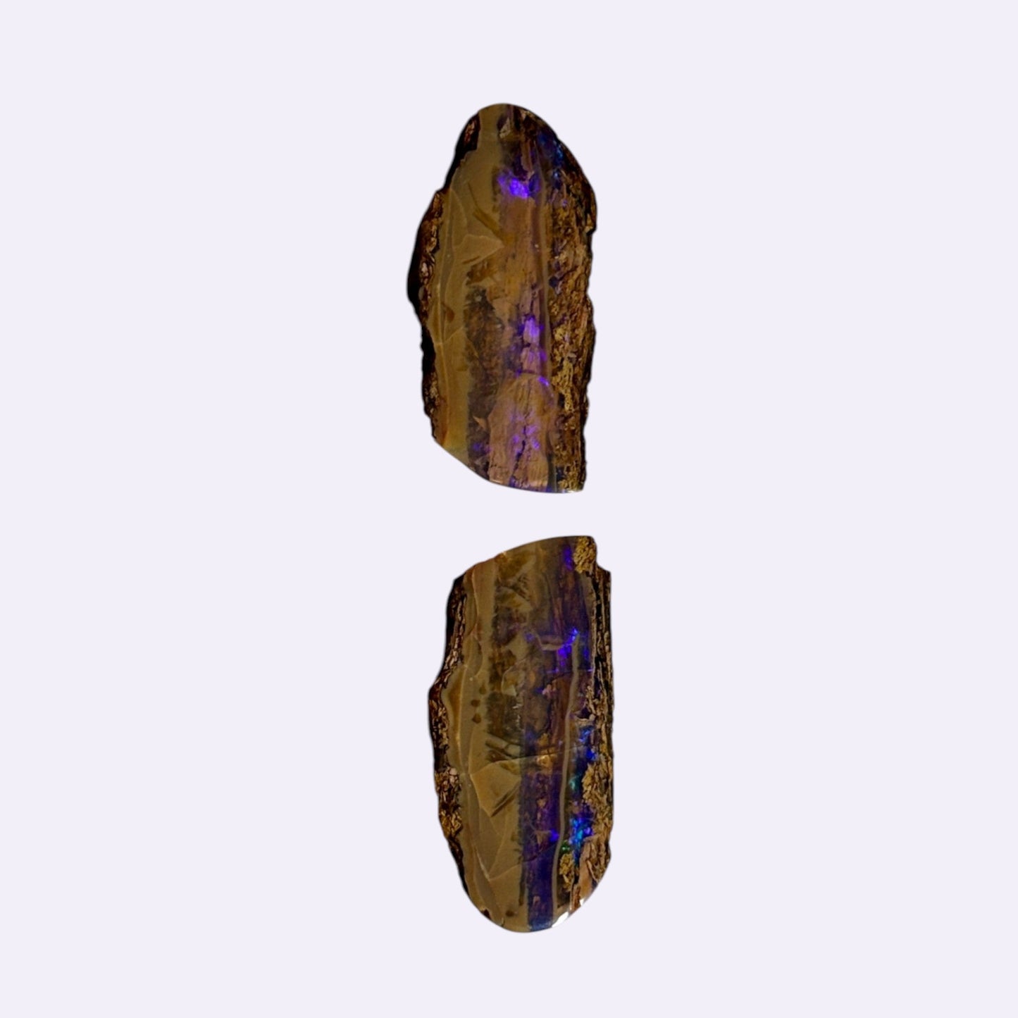 Natürlicher Opal-Baum – 60 ct | 2 Segmente | Freiform, länglich | Beige-braune Matrix mit blau-violettem Farbspiel
