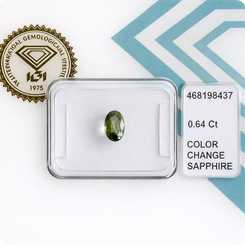 Natürlicher Saphir - 0,64 ct | Oval Mixed Cut | Farbwechsel Grün-Blau - Hell Gelblich-Grün