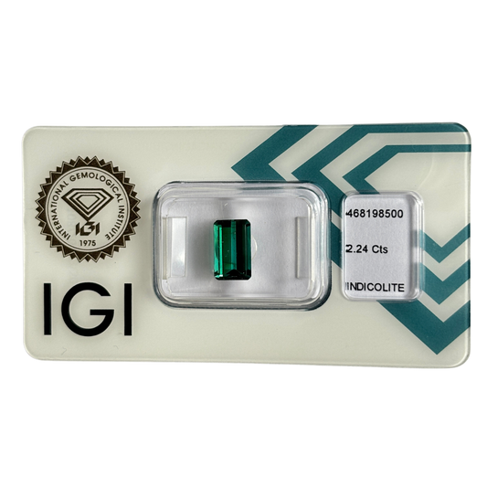 Natürlicher grünlich-blauer Indigolith, Oktagon Emerald Cut, 2,24 ct, zertifizierter Edelstein für hochwertigen Schmuck.