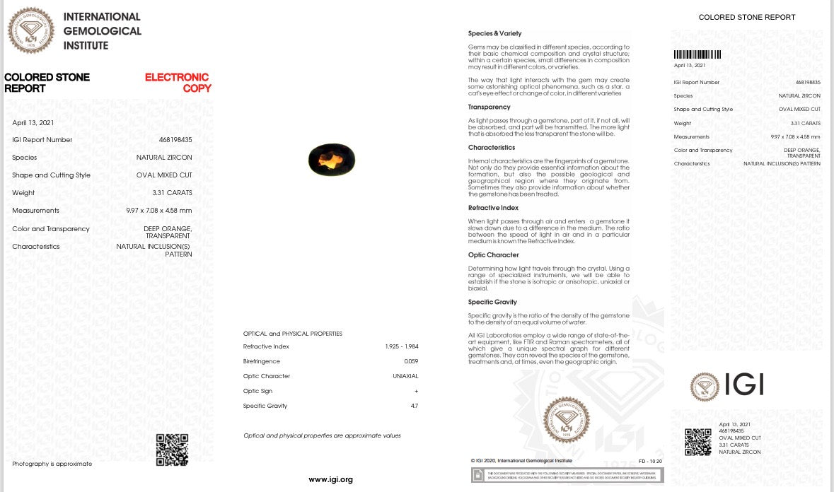 Natürlicher Zirkon - 3,31 ct | Oval Mixed Cut | Tief Orange