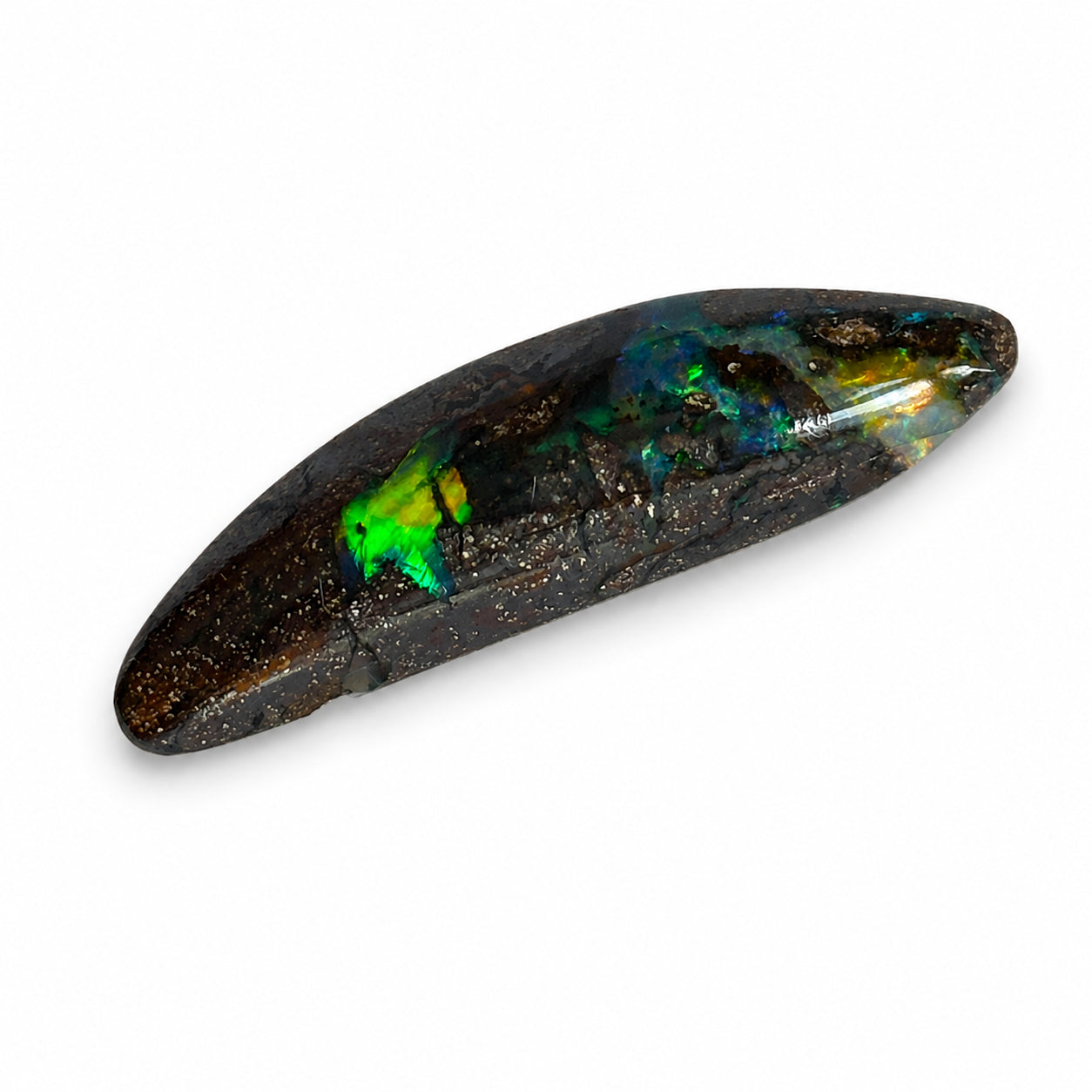 Natürlicher Boulder-Opal - 8,64 ct | Fantasieform | Dunkelbraun mit grünblauem und gelbgrünem Farbspiel