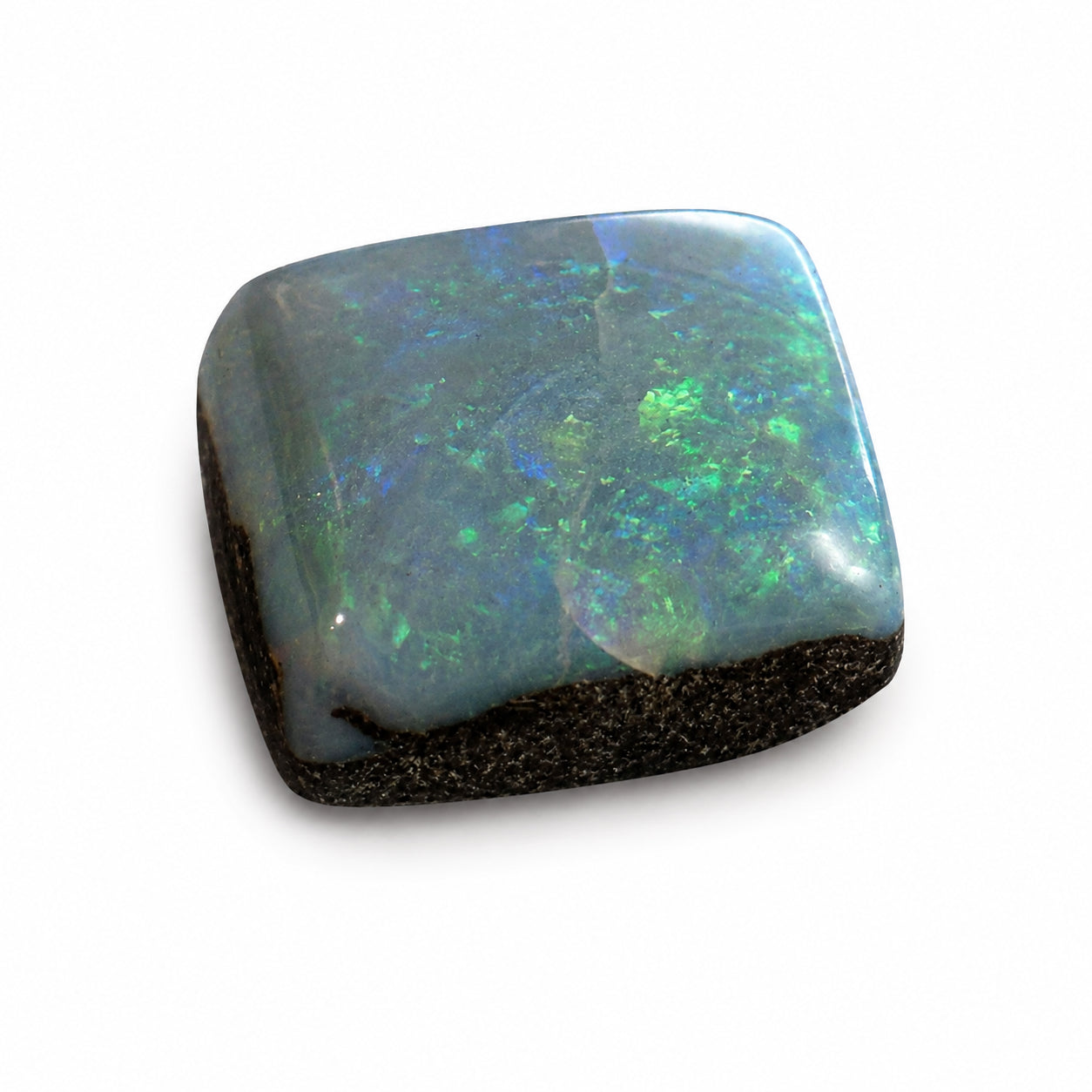 Natürlicher Opal – 9,78 ct | Cushion Cabochon | Hellblau mit grünen Opalreflexen und dunkelbrauner Matrix