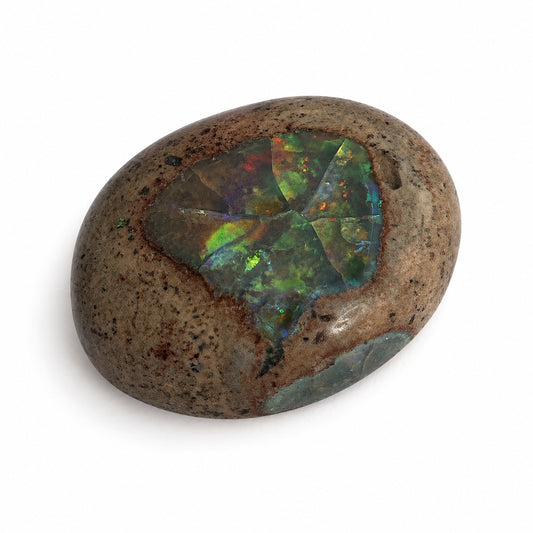 Natürlicher Boulder-Opal aus Brasilien - 13,60 ct | Oval Cabochon | Hellbraun mit grün-blauem Farbspiel