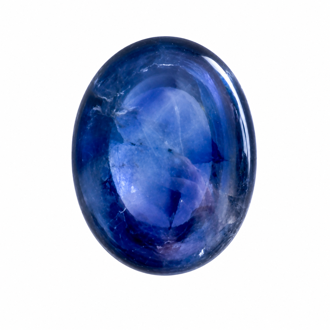 Detailaufnahme eines natürlichen tief purpur-blauen Saphir, Oval Cabochon, 2,21 ct, zertifizierter Edelstein für hochwertigen Schmuck.