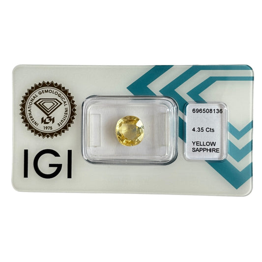 Natürlicher kräftig gelber Saphir, Cushion Mixed Cut, 4,35 ct, zertifizierter Edelstein für hochwertigen Schmuck.