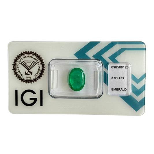 Natürlicher tief blaugrüner Smaragd, Oval Cabochon, 3,91 ct, zertifizierter Edelstein für hochwertigen Schmuck.