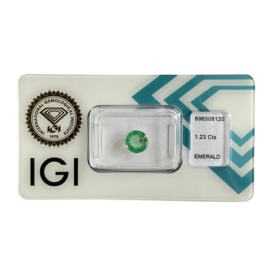 Natürlicher grüner Smaragd, Rund Mixed Cut, 1,23 ct, zertifizierter Edelstein für hochwertigen Schmuck.