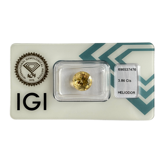 Natürlicher tief gelber Heliodor, rund Mixed Cut, 3,86 ct, zertifizierter Edelstein für hochwertigen Schmuck, erster Stein zum Paar.