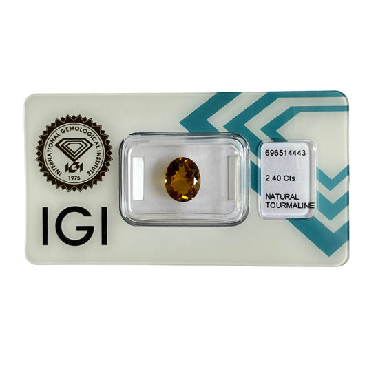 Natürlicher Turmalin, 2,40 ct, Oval Mixed Cut, tief bräunlich-gelb, zertifizierter Edelstein für Schmuck.