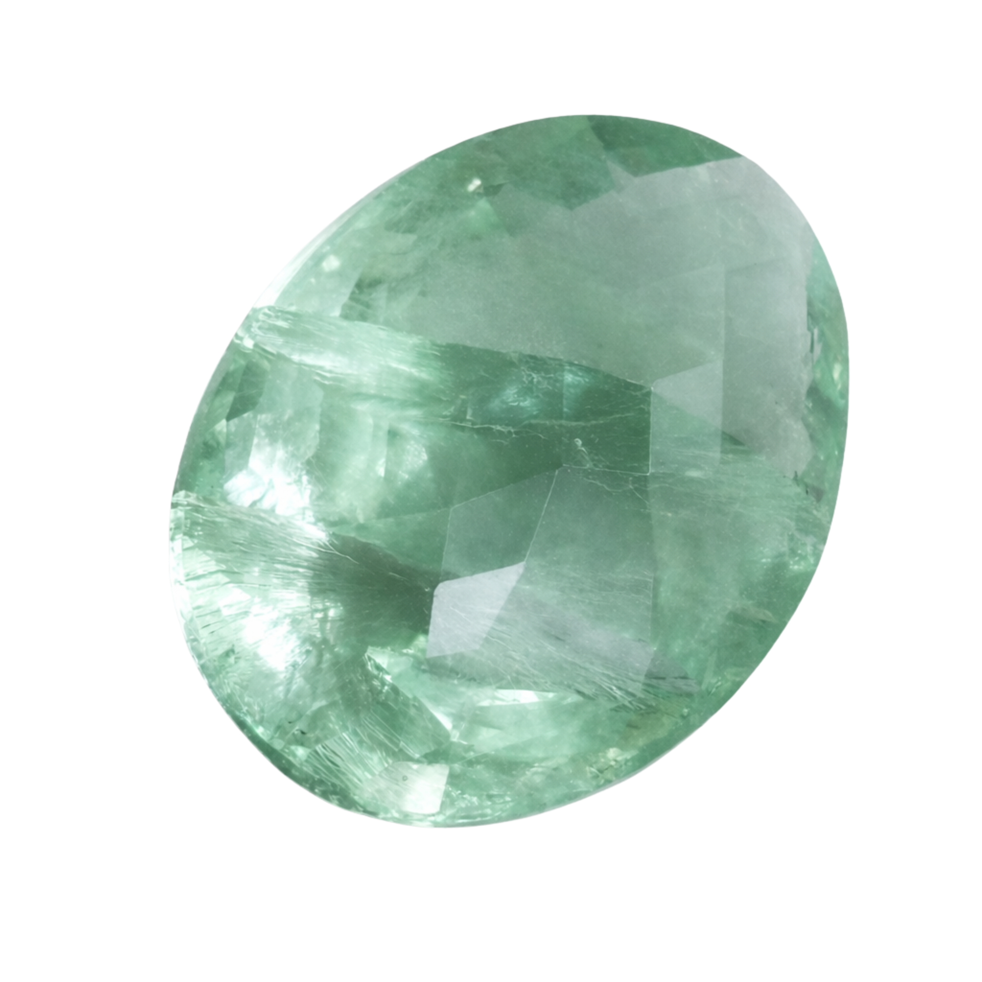 Natürlicher Fluorit hellgrünt, oval doppelt gewölbt facettiert, 110 ct, schöner Stein für Schmuck, zweite Produktansicht.