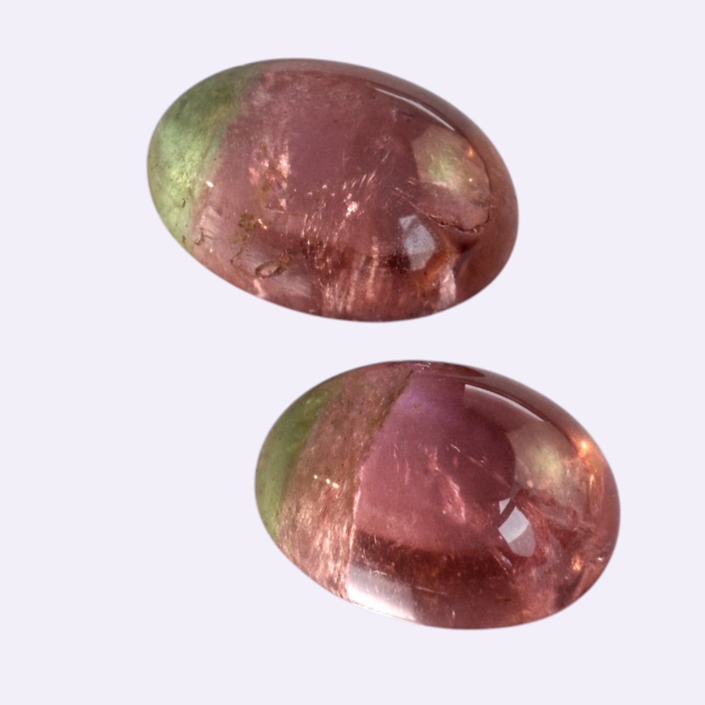Natural Tourmaline Pair | 9.65 ct & 9.35 ct | Oval Cabochon | Bicolor Light Green-Pink