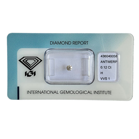 Natürlicher Diamant Farbe H, rund Brilliant Cut, 0,12 ct, VVS1, zertifizierter Edelstein für Schmuck.