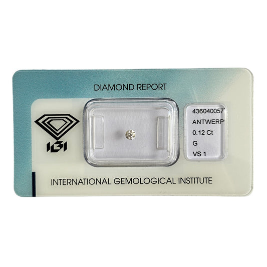 Natürlicher Diamant Farbe G, rund Brilliant Cut, 0,12 ct, VS1, zertifizierter Edelstein für Schmuck.