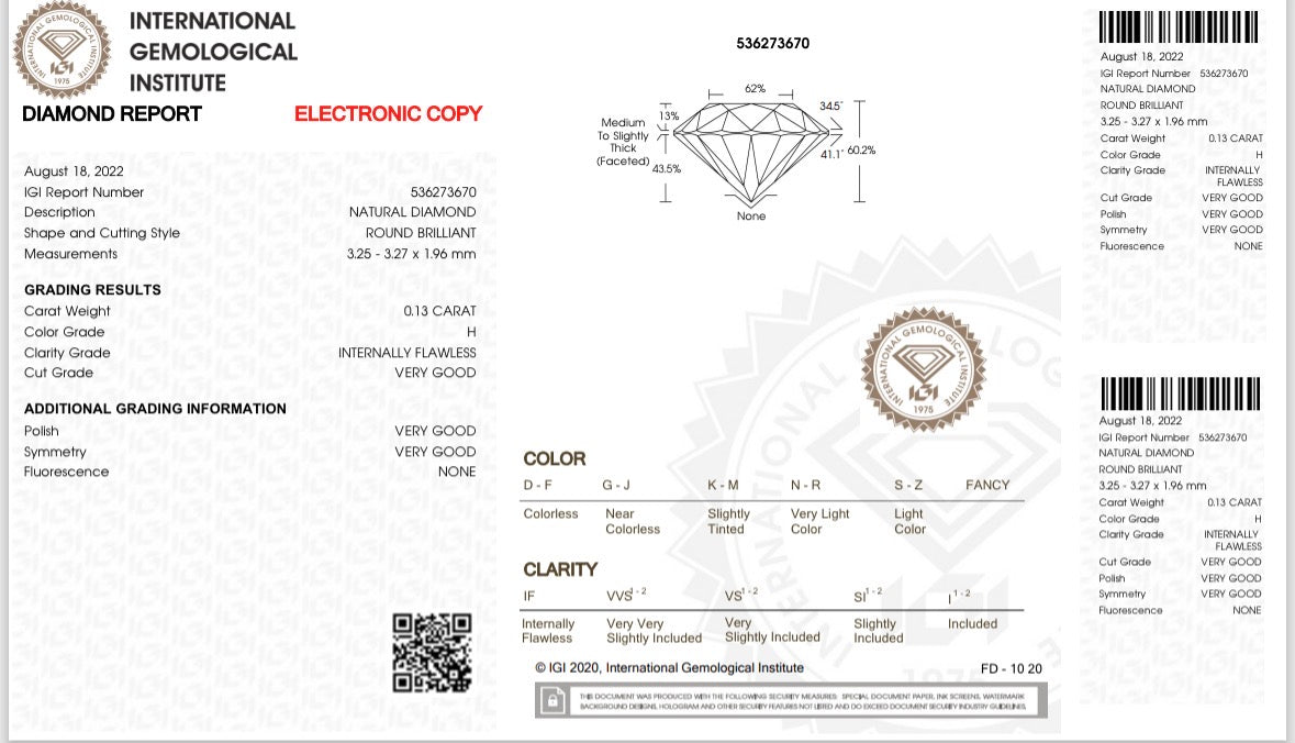 Natürlicher Diamant – 0,13 ct | Round Brillant | Farbe H | IF