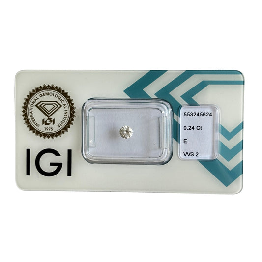 Natürlicher Diamant Farbe E, rund Brilliant Cut, 0,24 ct, VVS2, zertifizierter Edelstein für Schmuck.