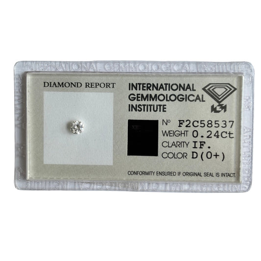 Natürlicher Diamant Farbe D, rund Brilliant Cut, 0,24 ct, IF, zertifizierter, lupenreiner Edelstein für Schmuck.