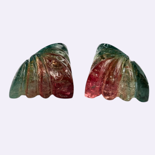 Natürliche Turmaline – Paar | 10,97 ct gesamt | Gravierte Flügelform | Wassermelonen-Farbverlauf Grün-Rosa bis Rötlich
