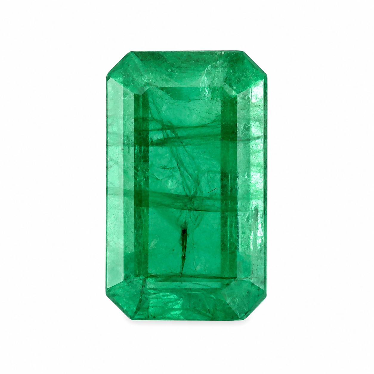 Natürlicher grüner Smaragd, Oktagon Emerald Cut, 2,12 ct, zertifizierter Edelstein für hochwertigen Schmuck, Detailaufnahme.