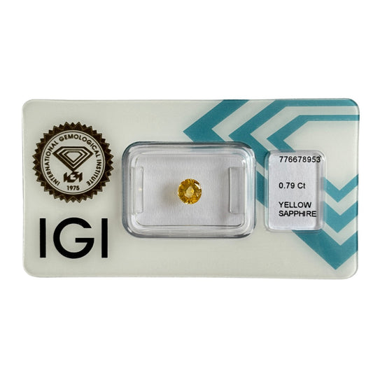 Natürlicher tiefgelber Saphir, Rund Mixed Cut, 0,79 ct, zertifizierter Edelstein für hochwertigen Schmuck.