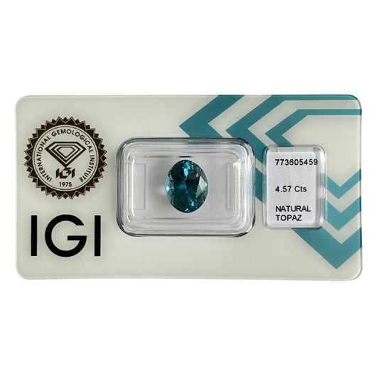 Natürlicher tief blauer Topas, oval Mixed Cut, 4,57 ct, zertifizierter Edelstein für hochwertigen Schmuck.