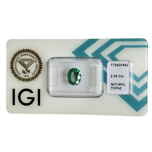 Natürlicher tief blau-grüner Topas, oval Mixed Cut, 2,08 ct, zertifizierter Edelstein für hochwertigen Schmuck.