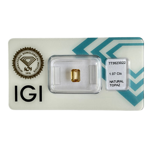 Natürlicher tief gelber Topas, Oktagon Emerald Cut, 1,07 ct, zertifizierter Edelstein für hochwertigen Schmuck.