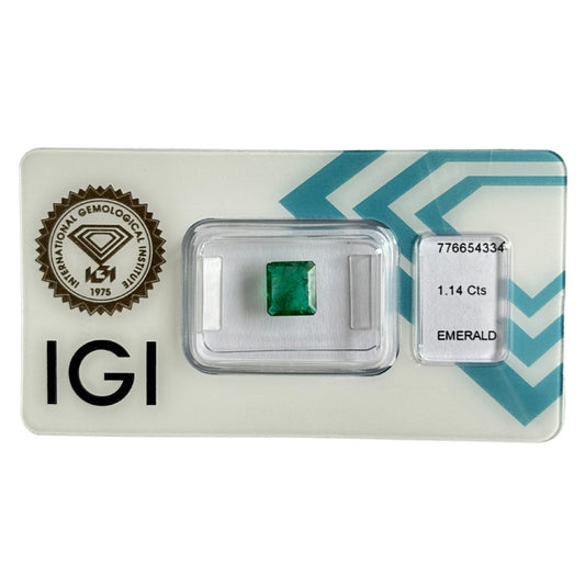 Natürlicher grüner Smaragd, Oktagon Emerald Cut, 1,14 ct, zertifizierter Edelstein für hochwertigen Schmuck.