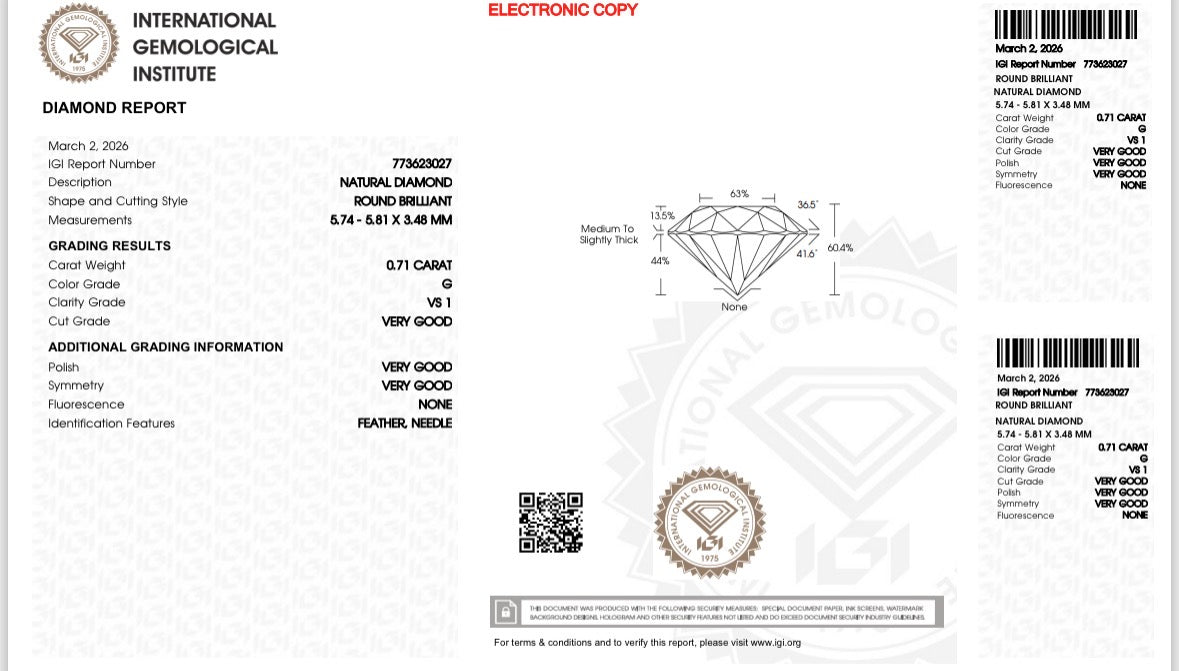 Natürlicher Diamant – 0,71 ct | Round Brilliant | G / VS1