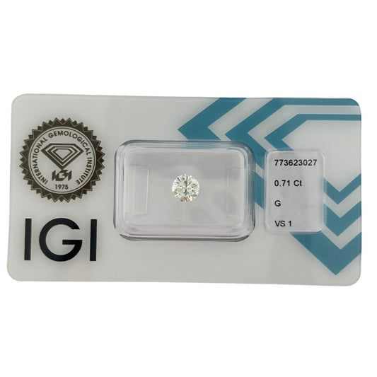 Natürlicher Diamant Farbe G, rund Brilliant Cut, 0,71 ct, VS1, hochwertiger, zertifizierter Edelstein für Schmuck.