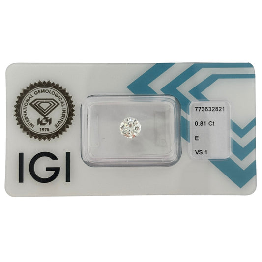 Natürlicher Diamant Farbe E, rund Brilliant Cut, 0,81 ct, VS1, wertvoller, zertifizierter Edelstein für Schmuck.