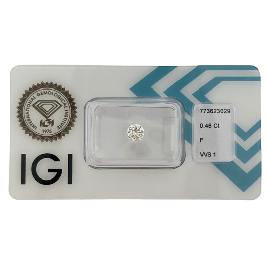 Natürlicher Diamant Farbe F, rund Brilliant Cut, 0,46 ct, VVS1, zertifizierter Edelstein für Schmuck.