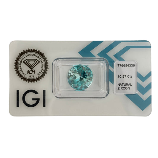 Natürlicher blauer Zirkon, rund Mixed Cut, 10,57 ct, zertifizierter Edelstein für hochwertigen Schmuck.