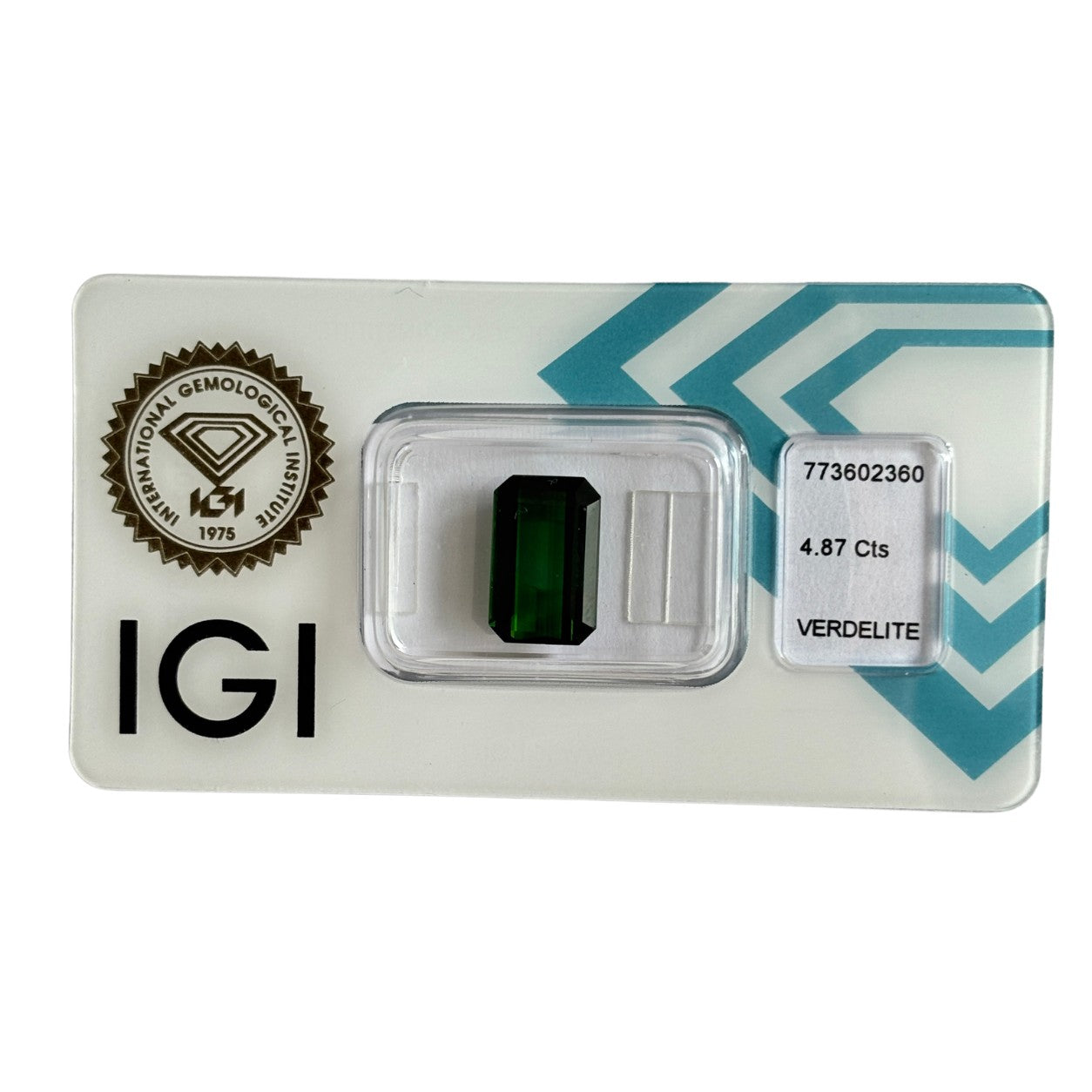 Natürlicher tiefgrüner Verdelith, Oktagon Emerald Cut, 4,87 ct, zertifizierter Edelstein für hochwertigen Schmuck.